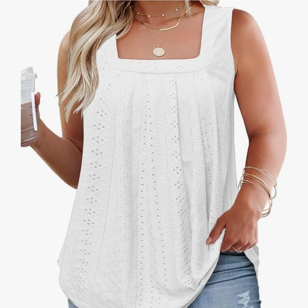 ROSRISS Tank-Top Sleeveless‎ Loose Fit Pleated Square Neck Eyelet NWT 2XL